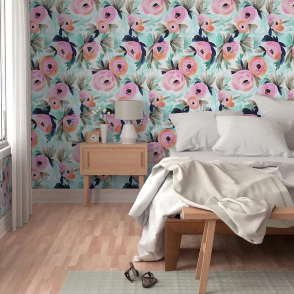 3Rolls Spoonflower Wallpaper Peel & Stick Watercolor Roses Summer Blooms